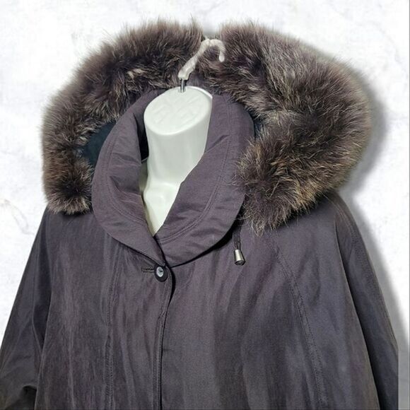 London Fog Genuine Fur Brown Parka Luxurious Fur Hood Removable Zip Jacket - Picture 6 of 8